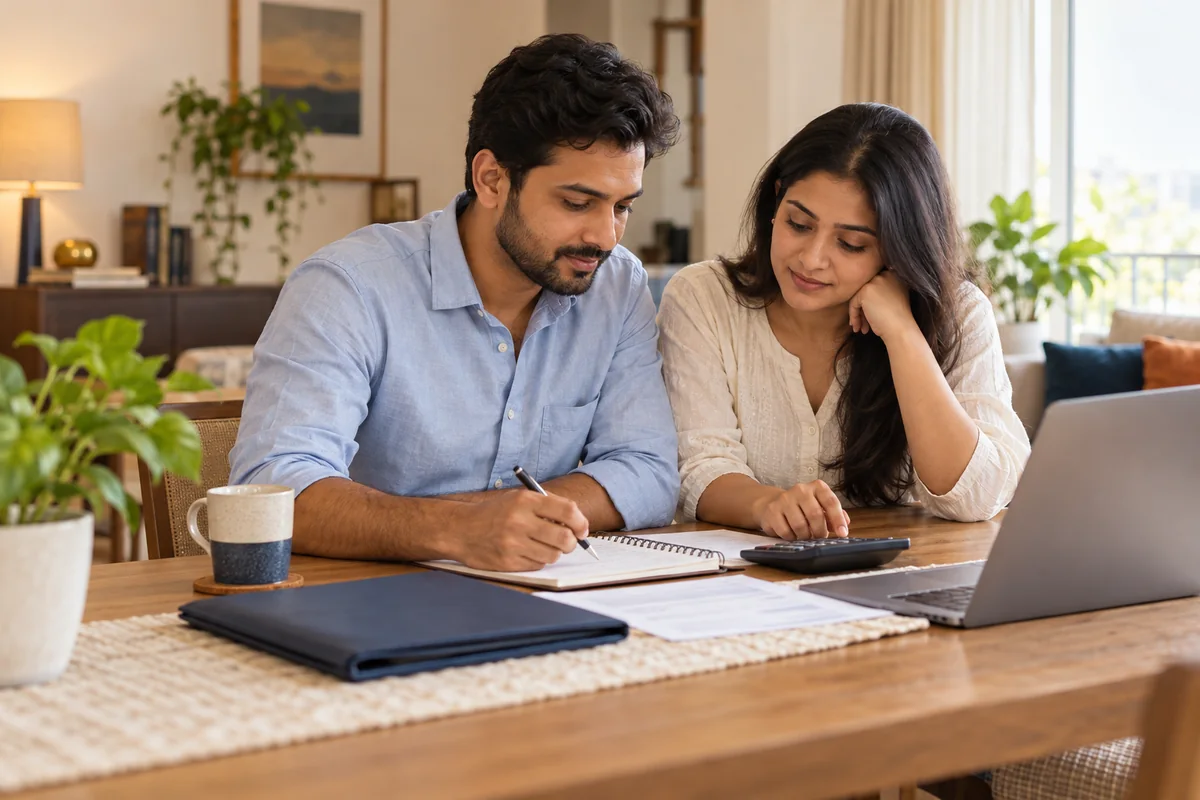 Illustrative Indian couple reviewing monthly repayments at home