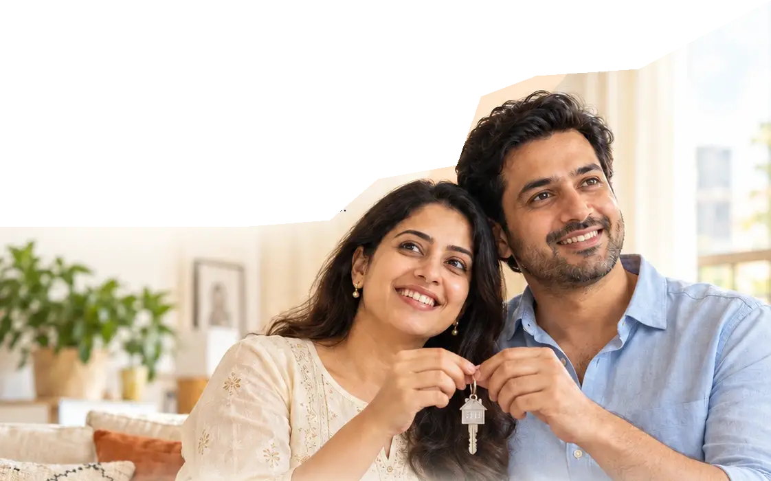 Illustrative couple holding keys in the portrait hero